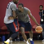 Kevin Durant drives into Paul George during a training camp for USA Basketball, Friday, July 27, 2018, in Las Vegas. (AP Photo/John Locher)