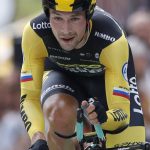 Slovenia's Primoz Roglic crosses the finish line during the twentieth stage of the Tour de France cycling race, an individual time trial over 31 kilometers (19.3 miles)with start in Saint-Pee-sur-Nivelle and finish in Espelette, France, Saturday July 28, 2018. (AP Photo/Christophe Ena )