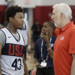 United States men's national team basketball coach Gregg Popovich, right, speaks with Kyle Lowry during a training camp for USA basketball, Thursday, July 26, 2018, in Las Vegas. (AP Photo/John Locher)