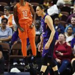 Connecticut Sun guard Courtney Williams (10) celebrates after being fouled by Phoenix Mercury guard Diana Taurasi (3) in the second half of WNBA basketball game action Friday, July 13, 2018, in Uncasville, Conn.. (Sean D. Elliot/The Day via AP)/The Day via AP)