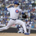 Chicago Cubs starting pitcher Kyle Hendricks delivers during the first inning of the team's baseball game against the Arizona Diamondbacks on Tuesday, July 24, 2018, in Chicago. (AP Photo/Charles Rex Arbogast)