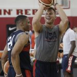 Blake Griffin, right, laughs as he shoots during a training camp for USA Basketball, Thursday, July 26, 2018, in Las Vegas. (AP Photo/John Locher)