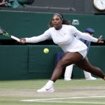 Serena Williams of the US returns the ball to Angelique Kerber of Germany during the women's singles final match at the Wimbledon Tennis Championships, in London, Saturday July 14, 2018. (Nic Bothma, Pool via AP)