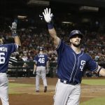 San Diego Padres' Austin Hedges, right, celebrates his home run against the Arizona Diamondbacks with Travis Jankowski (16) during the fifth inning of a baseball game Thursday, July 5, 2018, in Phoenix. (AP Photo/Ross D. Franklin)