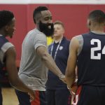 James Harden, second from left, jokes with teammates during a training camp for USA basketball, Thursday, July 26, 2018, in Las Vegas. (AP Photo/John Locher)