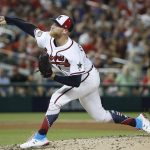 Atlanta Braves pitcher Mike Foltynewicz (26) throws during the fourth inning of the Major League Baseball All-star Game, Tuesday, July 17, 2018 in Washington. (AP Photo/Alex Brandon)