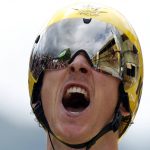 
              Britain's Geraint Thomas, wearing the overall leader's yellow jersey reacts as he crosses the finish line during the twentieth stage of the Tour de France cycling race, an individual time trial over 31 kilometers (19.3 miles) with start in Saint-Pee-sur-Nivelle and finish in Espelette, France, Saturday, July 28, 2018. (AP Photo/Christophe Ena)
            