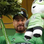 Slovakia's Peter Sagan, wearing the best sprinter's green jersey, celebrates on the podium after the nineteenth stage of the Tour de France cycling race over 200.5 kilometers (124.6 miles) with start in Lourdes and finish in Laruns, France, Friday July 27, 2018. (AP Photo/Christophe Ena )