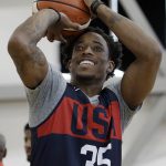 DeMar DeRozan shoots during a training camp for USA Basketball, Thursday, July 26, 2018, in Las Vegas. (AP Photo/John Locher)