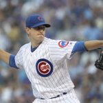 Chicago Cubs starting pitcher Kyle Hendricks delivers during the first inning of the team's baseball game against the Arizona Diamondbacks on Tuesday, July 24, 2018, in Chicago. (AP Photo/Charles Rex Arbogast)