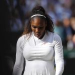 Serena Williams of the US during the women's singles final match against Angelique Kerber of Germany at the Wimbledon Tennis Championships, in London, Saturday July 14, 2018. (Andrew Couldridge, Pool via AP)
