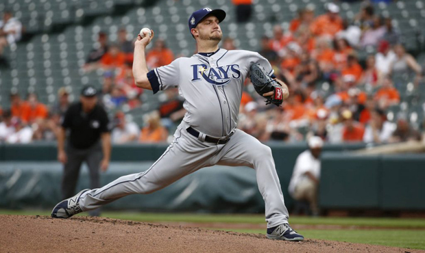 Tampa Bay Rays starting pitcher Matt Andriese throws to a Baltimore Orioles batter during the first...