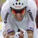 Stage winner Netherlands' Tom Dumoulin strains as he rides during the twentieth stage of the Tour de France cycling race, an individual time trial over 31 kilometers (19.3 miles)with start in Saint-Pee-sur-Nivelle and finish in Espelette, France, Saturday July 28, 2018. (AP Photo/Christophe Ena )