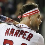Washington Nationals Bryce Harper (34) waits for his pitch during the MLB Home Run Derby, at Nationals Park, Monday, July 16, 2018 in Washington. The 89th MLB baseball All-Star Game will be played Tuesday. (AP Photo/Alex Brandon)