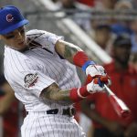 Chicago Cubs Javier Báez (9) hits during the MLB Home Run Derby, at Nationals Park, Monday, July 16, 2018 in Washington. The 89th MLB baseball All-Star Game will be played Tuesday. (AP Photo/Alex Brandon)