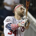Washington Nationals Bryce Harper hits during the MLB Home Run Derby, at Nationals Park, Monday, July 16, 2018 in Washington. The 89th MLB baseball All-Star Game will be played Tuesday. (AP Photo/Alex Brandon)