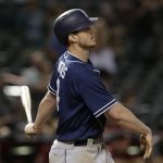 San Diego Padres' Wil Myers hits a solo home run against the Arizona Diamondbacks in the 16th inning during a baseball game, Sunday, July 8, 2018, in Phoenix. (AP Photo/Rick Scuteri)