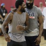 James Harden, right, jokes with Kyrie Irving during a training camp for USA Basketball, Friday, July 27, 2018, in Las Vegas. (AP Photo/John Locher)