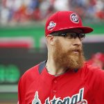 National League, Washington Nationals pitcher Sean Doolitte (62) walks on the field before the All-Star Home Run Derby Baseball event, Monday, July 16, 2018, at Nationals Park, in Washington. The 89th MLB baseball All-Star Game will be played Tuesday. (AP Photo/Alex Brandon)