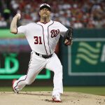 Washington Nationals pitcher Max Scherzer (31) throws in the first inning during the Major League Baseball All-star Game, Tuesday, July 17, 2018 in Washington. (AP Photo/Patrick Semansky)