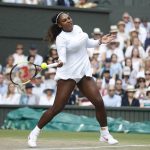Serena Williams of the US returns the ball to Angelique Kerber of Germany during the women's singles final match at the Wimbledon Tennis Championships, in London, Saturday July 14, 2018. (Nic Bothma, Pool via AP)