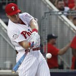 Philadelphia Phillies Rhys Hoskins (17) hits during the MLB Home Run Derby, at Nationals Park, Monday, July 16, 2018 in Washington. The 89th MLB baseball All-Star Game will be played Tuesday. (AP Photo/Alex Brandon)