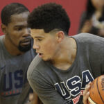 Devin Booker, right, drives into Kevin Durant during a training camp for USA Basketball, Friday, July 27, 2018, in Las Vegas. (AP Photo/John Locher)