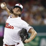 Philadelphia Phillies pitcher Aaron Nola (27) works during the fifth inning at the Major League Baseball All-star Game, Tuesday, July 17, 2018 in Washington. (AP Photo/Patrick Semansky)