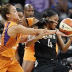 Phoenix Mercury guard Leilani Mitchell, left, knocks the ball away from Las Vegas Aces guard Moriah Jefferson during the first half of a WNBA basketball game Wednesday, Aug. 1, 2018, in Las Vegas. (AP Photo/John Locher)