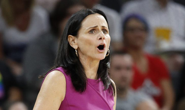 Phoenix Mercury coach Sandy Brondello shouts during the first half of the team's WNBA basketball ga...
