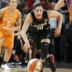 Las Vegas Aces guard Kelsey Plum drives up the court during the second half of the team's WNBA basketball game against the Phoenix Mercury, Wednesday, Aug. 1, 2018, in Las Vegas. (AP Photo/John Locher)