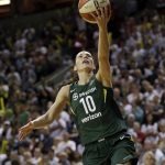 Seattle Storm's Sue Bird drives the lane to score late in overtime in a WNBA basketball playoff semifinal against the Phoenix Mercury, Tuesday, Aug. 28, 2018, in Seattle. The Storm won 91-87 in overtime. (AP Photo/Elaine Thompson)