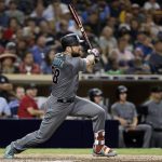 Arizona Diamondbacks' Steven Souza Jr. watches his three-run double during the sixth inning of a baseball game against the San Diego Padres on Friday, Aug. 17, 2018, in San Diego. (AP Photo/Gregory Bull)