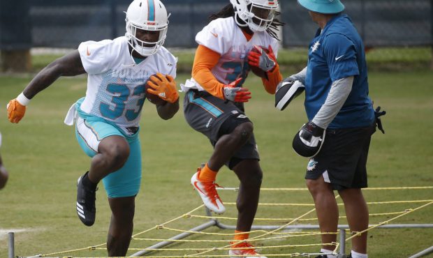 Miami Dolphins running backs Kalen Ballage (33) and Buddy Howell, center, run through drills during...