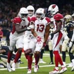 Arizona Cardinals wide receiver Christian Kirk (13) celebrates his touchdown reception in the first half of an NFL preseason football game against the New Orleans Saints in New Orleans, Friday, Aug. 17, 2018. (AP Photo/Butch Dill)