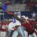 Dallas Cowboys wide receiver Michael Gallup (13) can't get to the ball as Arizona Cardinals defensive back Patrick Peterson (21) defends during the first half of a preseason NFL football game in Arlington, Texas, Sunday, Aug. 26, 2018. (AP Photo/Ron Jenkins)