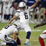 Los Angeles Chargers kicker Caleb Sturgis (6) unsuccessfully attempts a field goal as punter Drew Kaser (8) holds during the first half of a preseason NFL football game against the Arizona Cardinals, Saturday, Aug. 11, 2018, in Glendale, Ariz. (AP Photo/Ross D. Franklin)