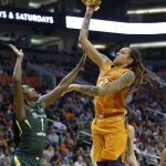 Phoenix Mercury center Brittney Griner (42) shoots over Seattle Storm forward Crystal Langhorne (1) during the second half of Game 3 of a WNBA basketball playoffs semifinal Friday, Aug. 31, 2018, in Phoenix. The Mercury defeated the Storm 86-66. (AP Photo/Ross D. Franklin)