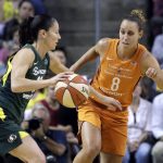 Seattle Storm's Sue Bird, left, tries to drive past Phoenix Mercury's Stephanie Talbot in the first half in a WNBA basketball playoff semifinal Tuesday, Aug. 28, 2018, in Seattle. (AP Photo/Elaine Thompson)