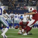 Arizona Cardinals' Phil Dawson, right, kicks a field goal as punter Andy Lee (2) holds and Dallas Cowboys cornerback Anthony Brown (30) watches during the first half of a preseason NFL football game in Arlington, Texas, Sunday, Aug. 26, 2018. (AP Photo/Michael Ainsworth)
