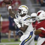 Los Angeles Chargers quarterback Cardale Jones (7) throws against the Arizona Cardinals during the first half of a preseason NFL football game, Saturday, Aug. 11, 2018, in Glendale, Ariz. (AP Photo/Ross D. Franklin)
