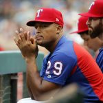 Texas Rangers' Adrian Beltre (29) watches at the team played against the Arizona Diamondbacks during the first inning of a baseball game Tuesday, August 14, 2018, in Arlington, Texas. Beltre injured his hamstring in last nights game. (AP Photo/Michael Ainsworth)