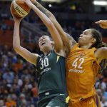 Phoenix Mercury center Brittney Griner (42) blocks the shot of Seattle Storm forward Breanna Stewart (30) during the first half of Game 3 of a WNBA basketball playoffs semifinal Friday, Aug. 31, 2018, in Phoenix. (AP Photo/Ross D. Franklin)
