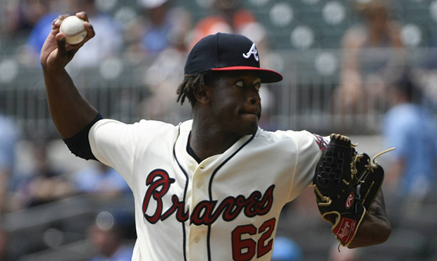 Atlanta Braves' Touki Toussaint pitches against the Miami Marlins during the first inning of the fi...