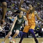 Seattle Storm's Breanna Stewart (30) tries to drive past Phoenix Mercury's Brittney Griner in the first half in a WNBA basketball playoff semifinal Tuesday, Aug. 28, 2018, in Seattle. (AP Photo/Elaine Thompson)