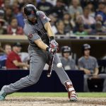 Arizona Diamondbacks' Steven Souza Jr. hits a three-run double during the sixth inning of a baseball game against the San Diego Padres on Friday, Aug. 17, 2018, in San Diego. (AP Photo/Gregory Bull)