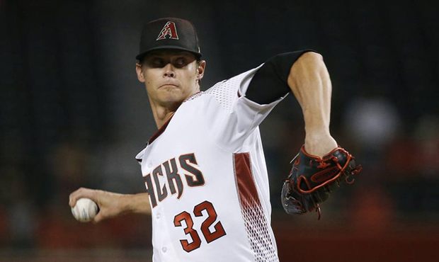 Arizona Diamondbacks starter Clay Buchholz throws a pitch to a  Los Angeles Angels batter during th...