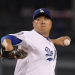 Los Angeles Dodgers starting pitcher Hyun-Jin Ryu, of South Korea, throws to the plate during the second inning of a baseball game against the Arizona Diamondbacks, Friday, Aug. 31, 2018, in Los Angeles. (AP Photo/Mark J. Terrill)
