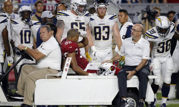 Arizona Cardinals linebacker Jeremy Cash (52) leaves the field after being injured during the secon...