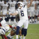 Los Angeles Chargers kicker Caleb Sturgis (6) watches his field goal split the uprights against the Arizona Cardinals during the first half of a preseason NFL football game, Saturday, Aug. 11, 2018, in Glendale, Ariz. (AP Photo/Ross D. Franklin)